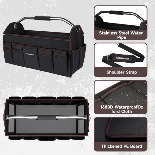 Miniatura 3 de Portaherramientas de 20 pulgadas, bolsa de herramientas con parte superior abierta, 30 bolsillos, bolsa de herramientas impermeable para hombres