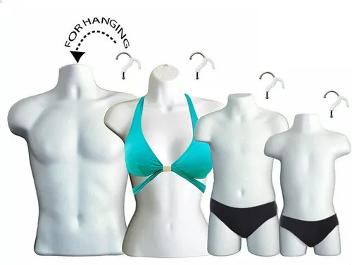 Miniatura 13 de 4 formas de maniquí negro con soportes de metal - Juego de maniquíes colgantes de torso largo para hombre, mujer, niño y bebé con cadera