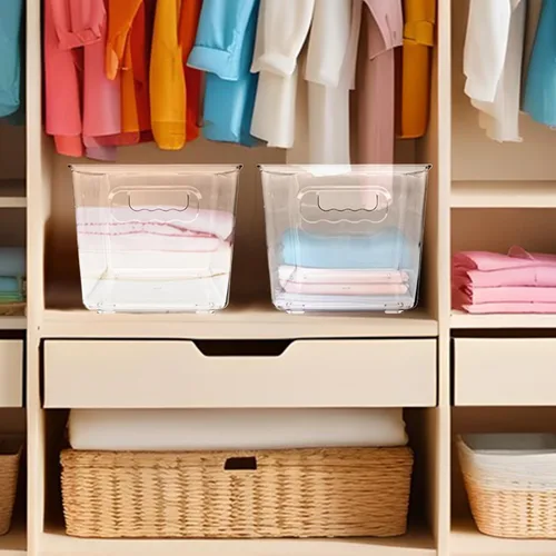 Miniatura 5 de Paquete de 4 cubos de almacenamiento de plástico transparente con asas, organizador apilable para despensa, refrigerador, debajo del fregadero