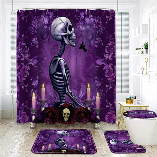 Juego de cortina de ducha y alfombras de Halloween, 4 piezas de calavera de rosa roja con flores de beso de azúcar, decoración de baño de flores