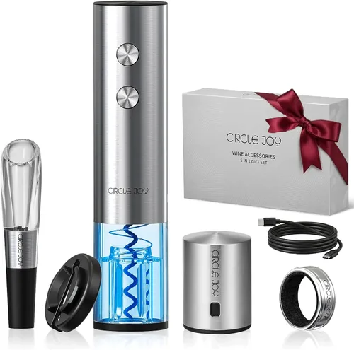 Miniatura 13 de CIRCLE JOY Juego de abridor eléctrico de botellas de vino de acero inoxidable, recargable, 8 en 1, juego de regalo de vino con base de carga, Plata