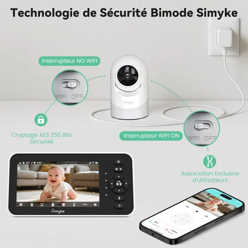 Miniatura 2 de Simyke Monitor de video para bebé con cámara y audio, pantalla de 5 pulgadas, 720P, sin WiFi o modo de aplicación gratuita, zoom panorámico