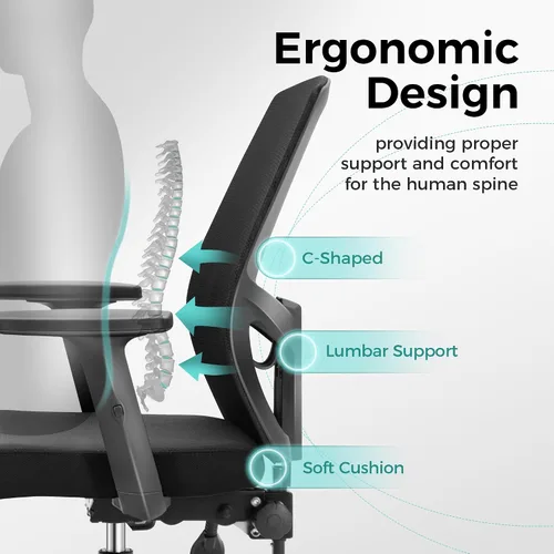 Miniatura 4 de ALPHA HOME Silla de oficina ergonómica, silla de computadora de malla con respaldo medio con soporte lumbar, taburete ejecutivo con reposabrazos