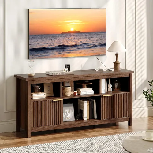 VINGLI Soporte de TV acanalado de 58 pulgadas para televisores de hasta 70 pulgadas, moderno soporte de TV con almacenamiento y estantes ajustables,
