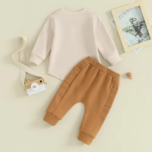 Miniatura 3 de Kuriozud Conjunto de 2 piezas de sudadera con cuello redondo y pantalones deportivos para niños pequeños para otoño e invierno