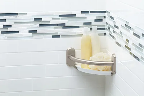 Miniatura 5 de Moen LR2354DBN Barra de agarre curvada de baño de 9 pulgadas con estante esquinero integrado, níquel cepillado