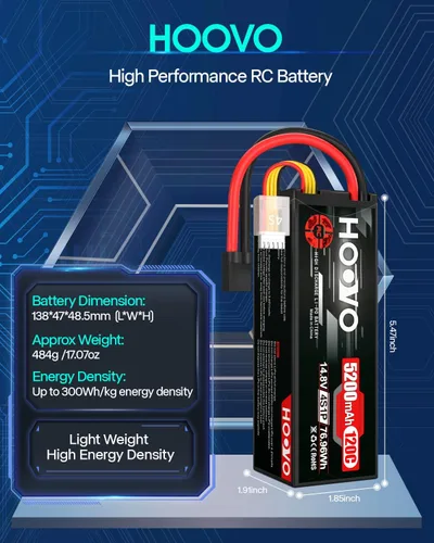 Miniatura 3 de HOOVO 4S Lipo Battery 14.8V 120C 5200mAh RC Car Battery Hard Case with TR Plug Compatible para 1/8 y 1/10 RC Car Buggy Truck Slash 4X4 Crawler