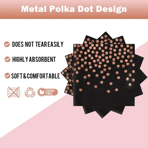 Miniatura 4 de Platos de papel negro y oro rosa, paquete de 100, platos llanos de 50 x 9 y servilletas de 50 x 6.5 pulgadas, platos de papel negro y servilletas