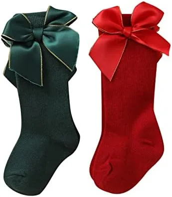 Rarjuiey 2 pares de calcetines de Navidad para bebés y niñas pequeñas, medias de lazo alto hasta la rodilla, calcetines de algodón para recién