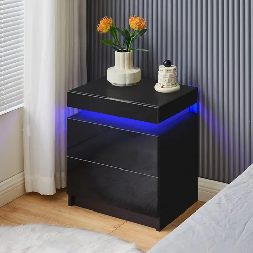 Miniatura 12 de CLIPOP Moderna mesita de noche, mesita de noche LED con 2 cajones de alto brillo, armario de mesita de noche con luz de control remoto, mesita