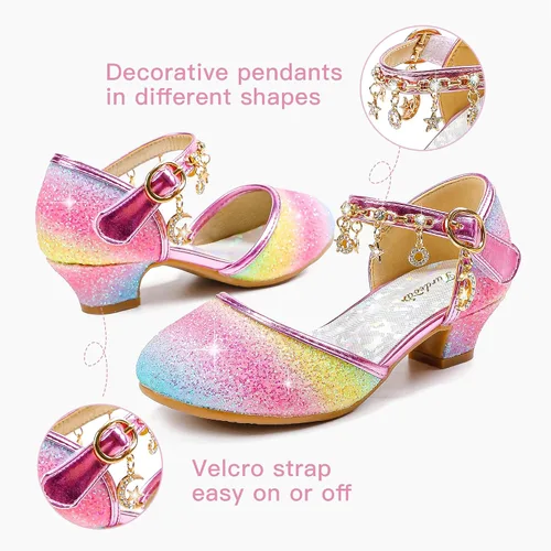 Miniatura 3 de Furdeour Sandalias para niñas con lazo brillante, zapatos de vestir de princesa con tacones altos de cristal, para fiestas, bodas, flores, zapatos
