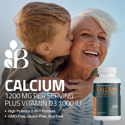 Miniatura 3 de Bronson Calcio 1200 mg por porción más vitamina D3 1000 UI fórmula de alta potencia, sin OMG, 120 tabletas