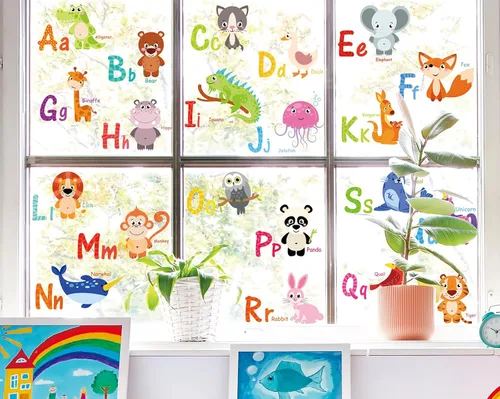 Whaline 9 hojas de calcomanías de ventana con letras coloridas del alfabeto ABC para ventana, calcomanías reutilizables de vidrio de dibujos