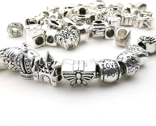 Miniatura 5 de 55 piezas surtidas de cuentas con agujeros grandes de aleación europea, cuentas con separadores metálicos para manualidades, pulseras, collares
