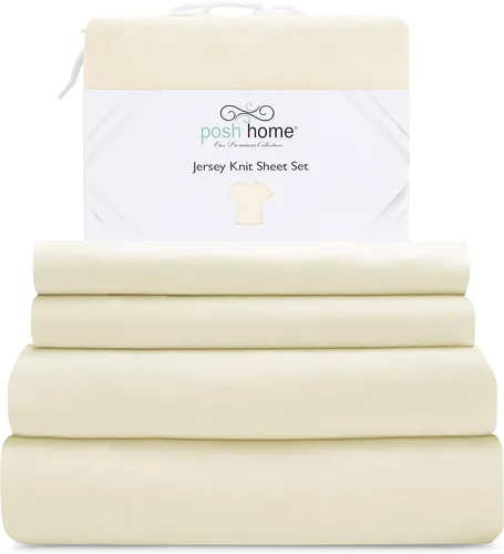 Miniatura 18 de Posh Home Juego de sábanas de punto de jersey, sábanas de 3 piezas, sábanas de jersey de algodón transpirable y suave, incluye sábana encimera