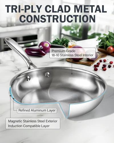 Miniatura 4 de Cooks Standard Sartén de Freír de Acero Inoxidable, Wok Sartén para Saltear Multi-Capa de 10 Pulgadas, Sartén de Cocina, Plateado