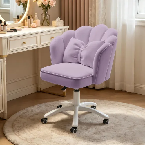Miniatura 11 de Petal - Silla de escritorio con cojín de lazo, silla de tocador de terciopelo con ruedas, silla tapizada de oficina en casa para niñas y mujeres