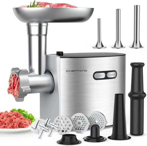 CHEFFANO Picadora de carne, picadora eléctrica de carne y máquina de salchichas, incluye 3 tamaños de material de salchichas de acero inoxidable, 2