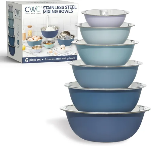Miniatura 8 de COOK WITH COLOR Juego de cuencos de acero inoxidable para mezclar, 6 piezas, color plateado con fondo antideslizante Plata con parte inferior