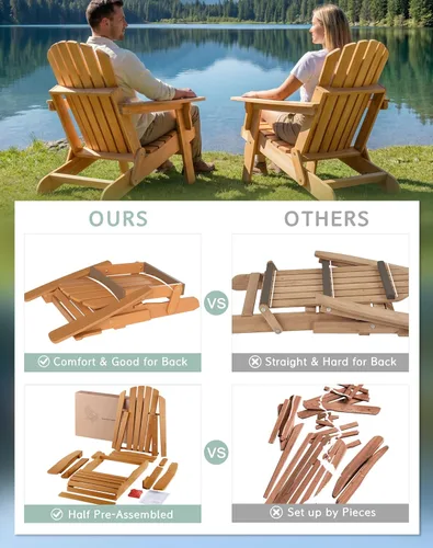 Miniatura 5 de Silla Adirondack plegable de madera de gran tamaño con respaldo y tabla de asiento premontados, silla de descanso para patio al aire libre, jardín