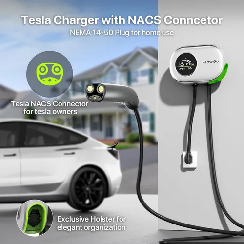Miniatura 6 de Cargador FlowGo de Nivel 2 para Tesla 50A Cargador Inteligente para Hogar NACS 240V Cargador Tesla 50 Apms Pantalla de Gran Tamaño Activada por