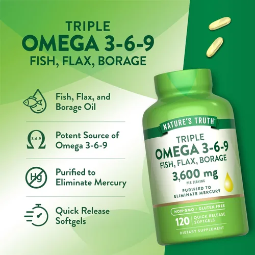 Miniatura 5 de Nature's Truth Omega 3-6-9 cápsulas blandas 3600 mg 120 unidades Aceite de pescado, lino y borraja Triple fuerza Suplemento sin OMG y sin