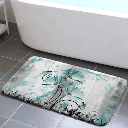 Miniatura 14 de Alfombra de baño rústica de granja, diseño de margaritas y mariposas en madera de campo, tapete de baño de madera color gris, blanco, azul marino