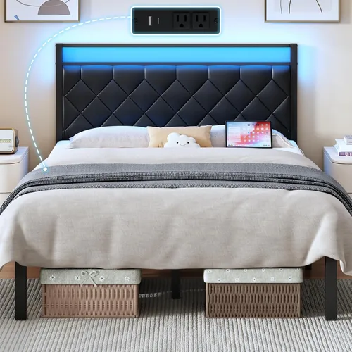 Miniatura 9 de Base de cama individual con estación de carga, luz LED y cabecera tapizada de piel sintética, base de cama de plataforma con almacenamiento debajo