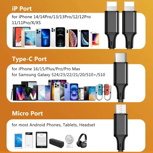 Miniatura 2 de Puxnoin Cable de carga múltiple, paquete de 2 cables de carga 4 en 1 de 4 pies para múltiples dispositivos, cable de carga universal trenzado