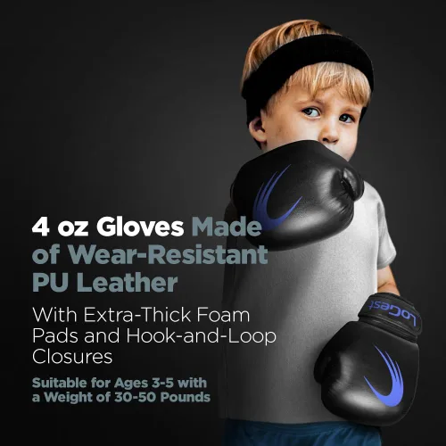 Miniatura 6 de LoGest Juego de saco de boxeo para niños, adecuado para sacos de boxeo para niños de 3 a 8 años de edad, guantes de boxeo y vendas de mano Azul
