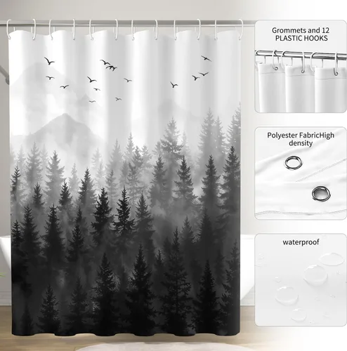 Miniatura 6 de Cortina de ducha de bosque natural, diseño de pino, paisaje de árbol de pino negro, cortina de bañera decoración de baño, tela de poliéster