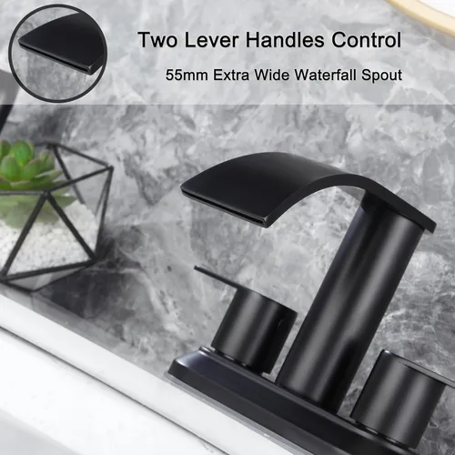 Miniatura 5 de Grifo central de baño de 4 pulgadas, color negro mate, grifo de lavabo de 2 manijas con tapón de drenaje emergente, grifo de fregadero de baño