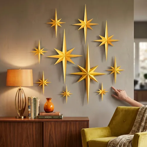 10 piezas de decoración grande de mediados de siglo, decoración de pared Starburst, escultura de pared de estrella retro 3D vintage, colgantes de