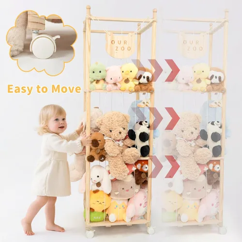 Miniatura 2 de Organizador de zoológico de almacenamiento de animales de peluche, soporte alto de torre de madera para juguetes de peluche grandes, exhibición