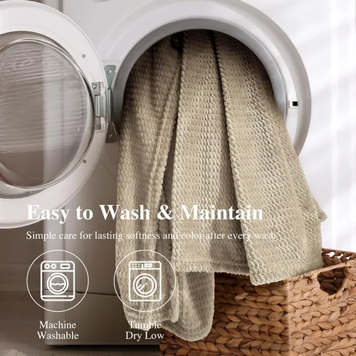 Miniatura 8 de Manta de vellón para sofá, mantas cálidas de felpa para cama, manta de franela mullida y acogedora para sofá cama, patrón jacquard de viaje, beige