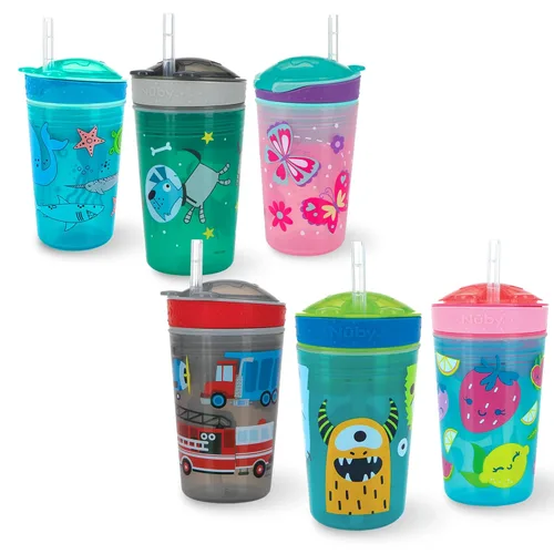 Nuby Tazón de aperitivo todo en uno y taza de popote suave antiderrames, los colores y las impresiones de Snack N' Sip pueden variar. Capacidad para