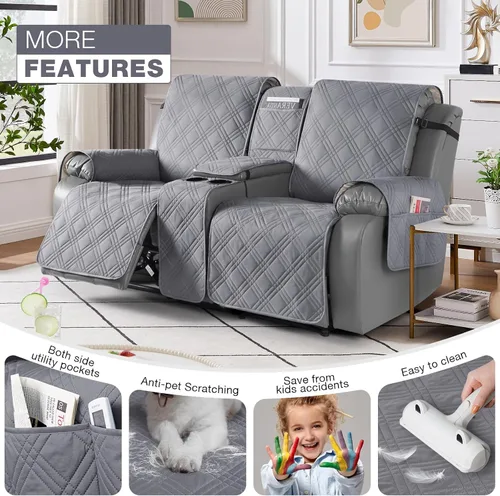 Miniatura 3 de TAOCOCO Funda reclinable para sofá biplaza con consola central, fundas 100% impermeables para mascotas para sillón reclinable doble con diseño