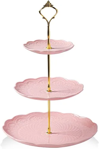 Miniatura 11 de Sweejar Soporte de cerámica para tartas de 3 niveles, soporte para postres, soporte para cupcakes, bandeja para servir pasteles de fiesta de té