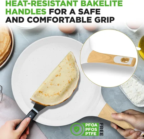 Miniatura 4 de NutriChef Juego de 2 sartenes antiadherentes para crepé, sartenes Dosa recubiertas de mármol de 11 pulgadas con esparcidores de madera, baquelita