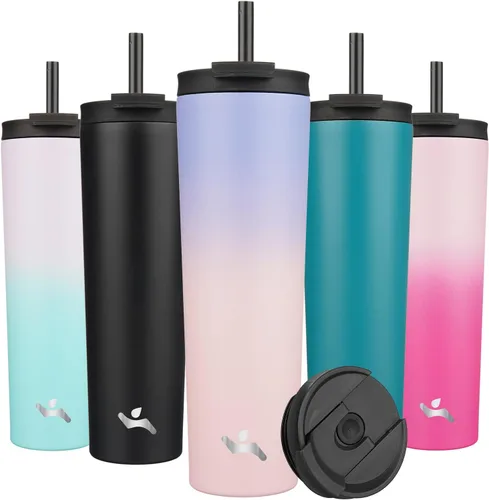 Miniatura 53 de Konokyo Vaso aislado de 18 onzas con tapa y 2 pajillas, botella de agua de acero inoxidable, taza de viaje al vacío, taza de café, color blanco ángel