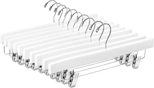 Miniatura 9 de ZOBER Perchas de madera para pantalones con clips, paquete de 10 perchas de madera de loto maciza de alta calidad para mujer, colgador de madera