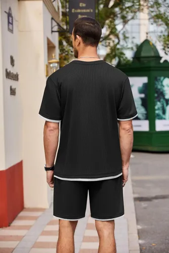Miniatura 3 de COOFANDY Conjunto de camisa y pantalones cortos de gofre para hombre, conjunto de 2 piezas, conjunto casual de verano con bolsillos