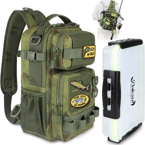 Miniatura 12 de Dovesun Mochila de pesca pequeña con cajas de aparejos, bolsa de pesca con parches bordados de bricolaje, bolsa de aparejos de regalo para hombres