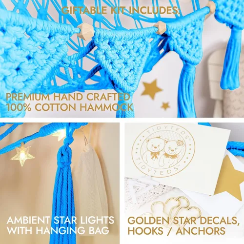 Miniatura 2 de TIDYTEDS Macramé DreamLights Hamaca de Red de Almacenamiento de Animales de Peluche Boho Extra Grande Soporte de Almacenamiento de Juguetes de Azul