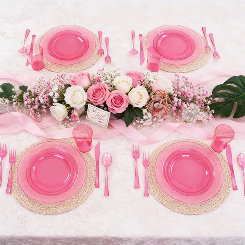 Miniatura 8 de WDF 25 platos de color rosa para invitados con cubiertos de plástico rosa y vasos rosados. La vajilla desechable transparente neón incluye 50