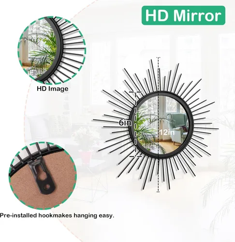 Miniatura 7 de Espejo de pared Sunburst negro con pequeños radios, espejo bohemio para el hogar, redondo, moderno, arte de pared de metal para sala de estar