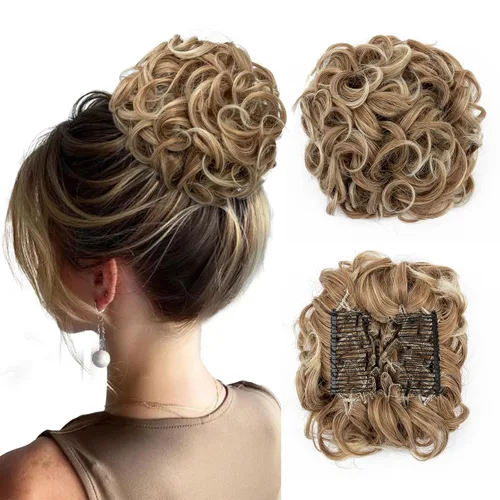 Miniatura 18 de Benehair Moño desordenado con peines con clip en moño de Juva, moño de Juva, esponjoso, ondulado, fácil de estirar, moño grande, cola de caballo