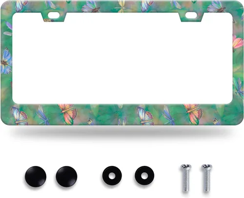 Hermoso marco de matrícula de mariposa y libélula, flores florales, placa de acero inoxidable, piezas de automóvil, colorida placa decorativa con