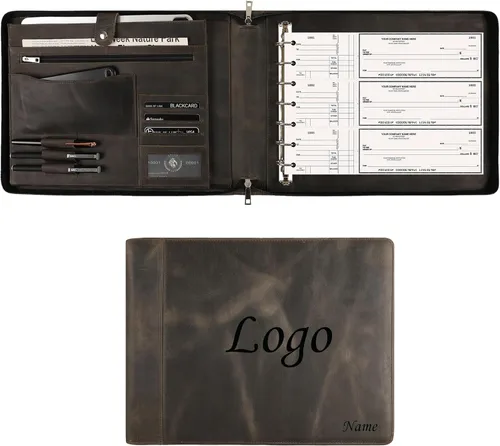 Miniatura 16 de Cuaderno de cheques personalizado de cuero para negocios, carpeta de 7 anillos grabada con soporte para libro de cheques para 3 por página, Marrón