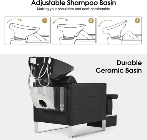 Miniatura 4 de BarberPub Juego de tazones y sillas de cerámica para champú para peluquería, estación de fregadero ajustable para lavado de cabello, estación
